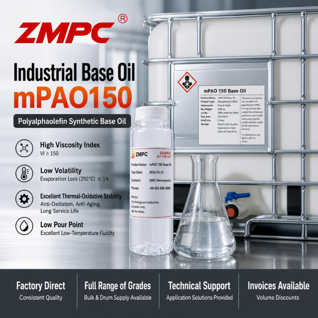 ZMPC Metallocene Polyalphaolefin (mPAO 150) สต็อกฐานสังเคราะห์สำหรับน้ำมันหล่อลื่นอุตสาหกรรมงานหนัก 