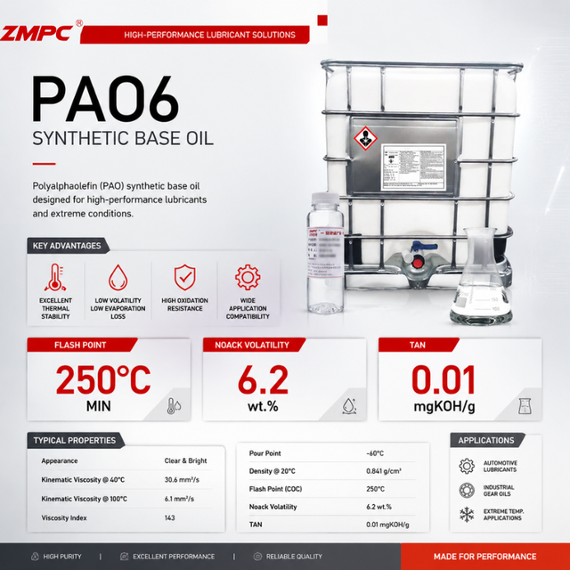 PAO6 น้ำมันพื้นฐานสังเคราะห์โพลีอัลฟาโอเลฟิน (PAO) สำหรับน้ำมันเครื่อง น้ำมันหล่อลื่นอุตสาหกรรม และสูตรจาระบี